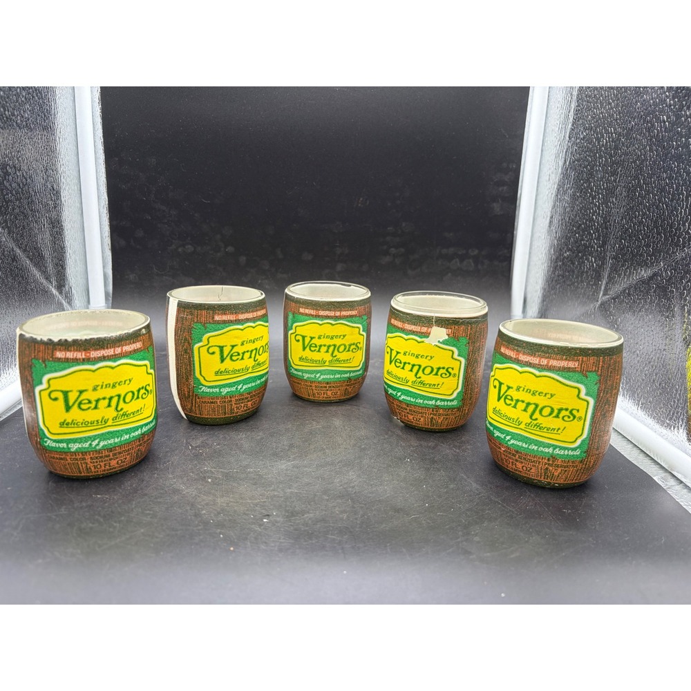 Vintage Vernors Ginger Ale Barrel Glasses 10oz Set of 5 Soda Advertising Collect